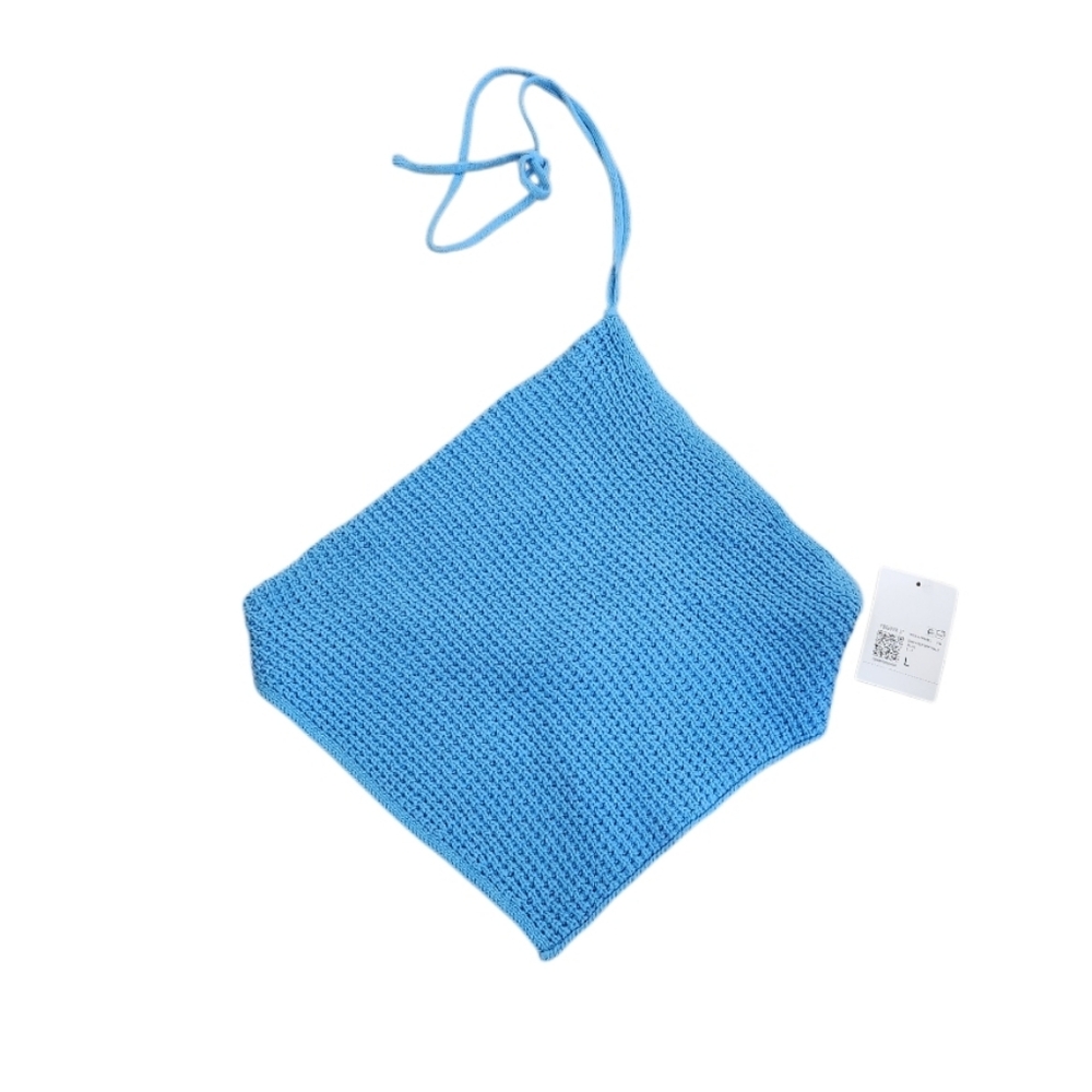Blue Knit Halter Crop Top Sz Large Nwt